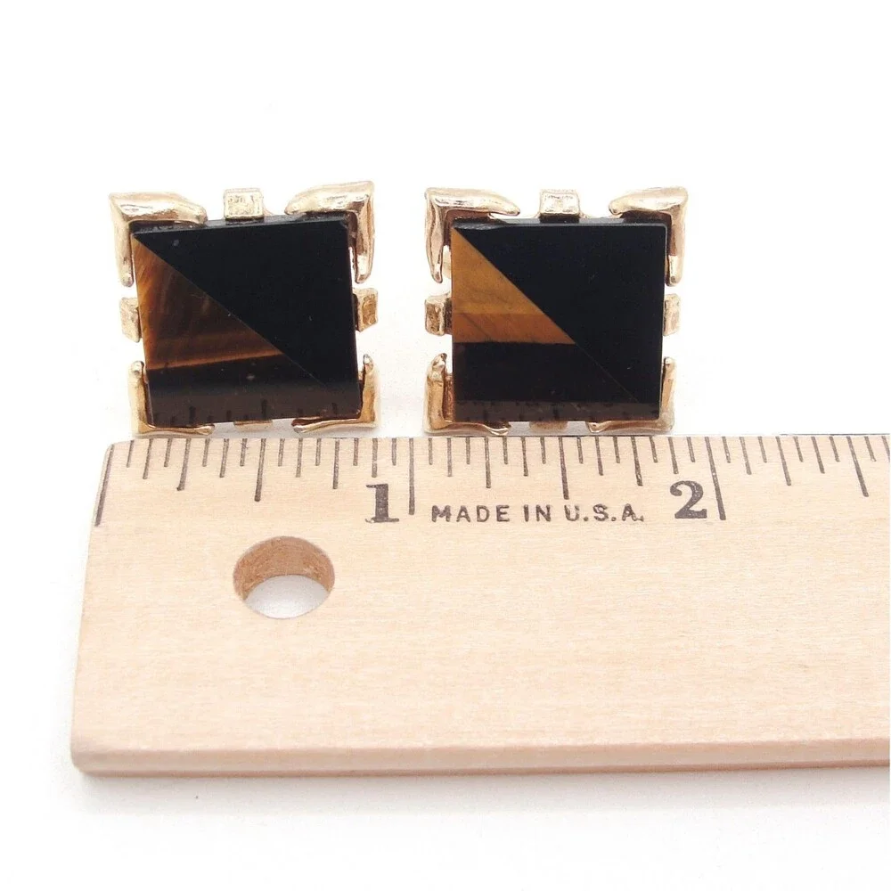 Vintage Simmons Karatclad Tigers Eye Black Onyx Square Cufflinks Modernist MCM